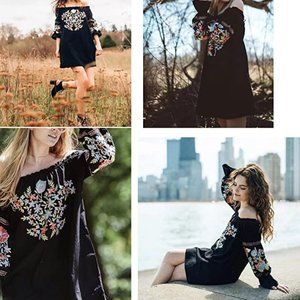 NWT R.Vivimos Floral Embroidered Off Shoulder Long Sleeve Short Dresses.  SZ L